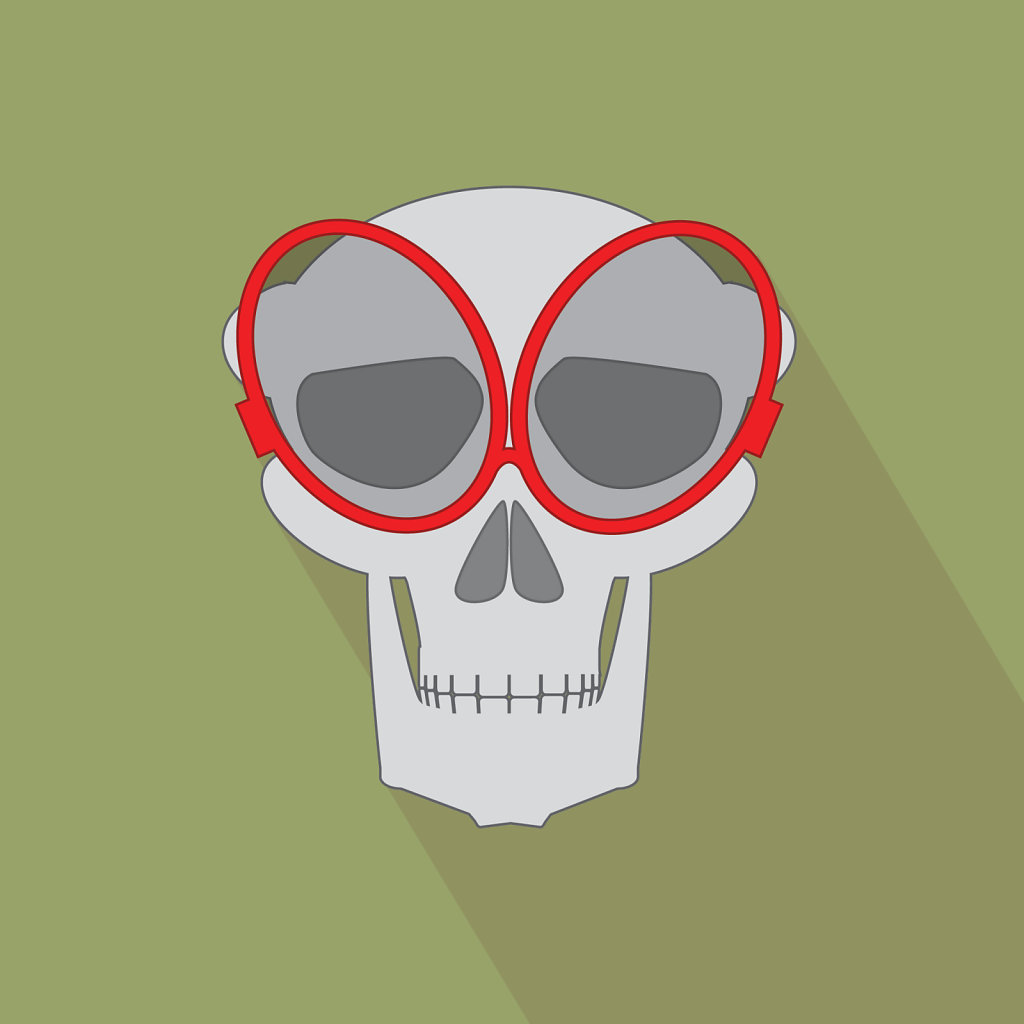 flat design icon of skull with red glasses green background