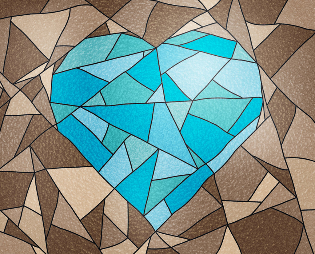 mock stained glass blue heart on brown
